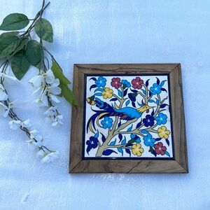 Beautiful Framed Tile colorful Bird in Tree Made in West Bank